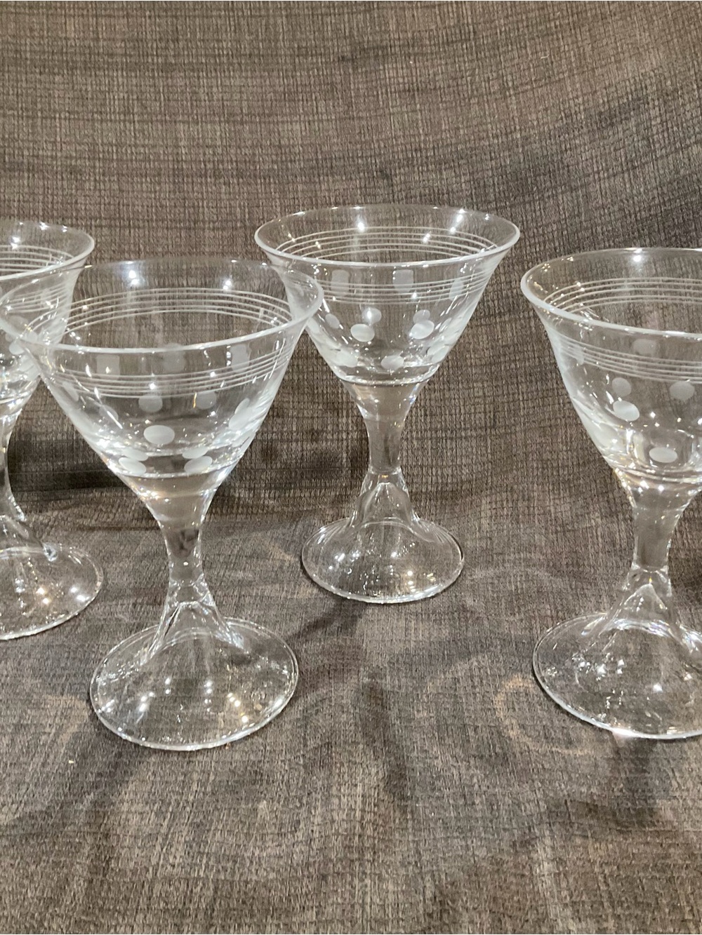 Set of 4 Clear Martini Glasses with Etched Lines & Polka Dots | Modern Cocktail